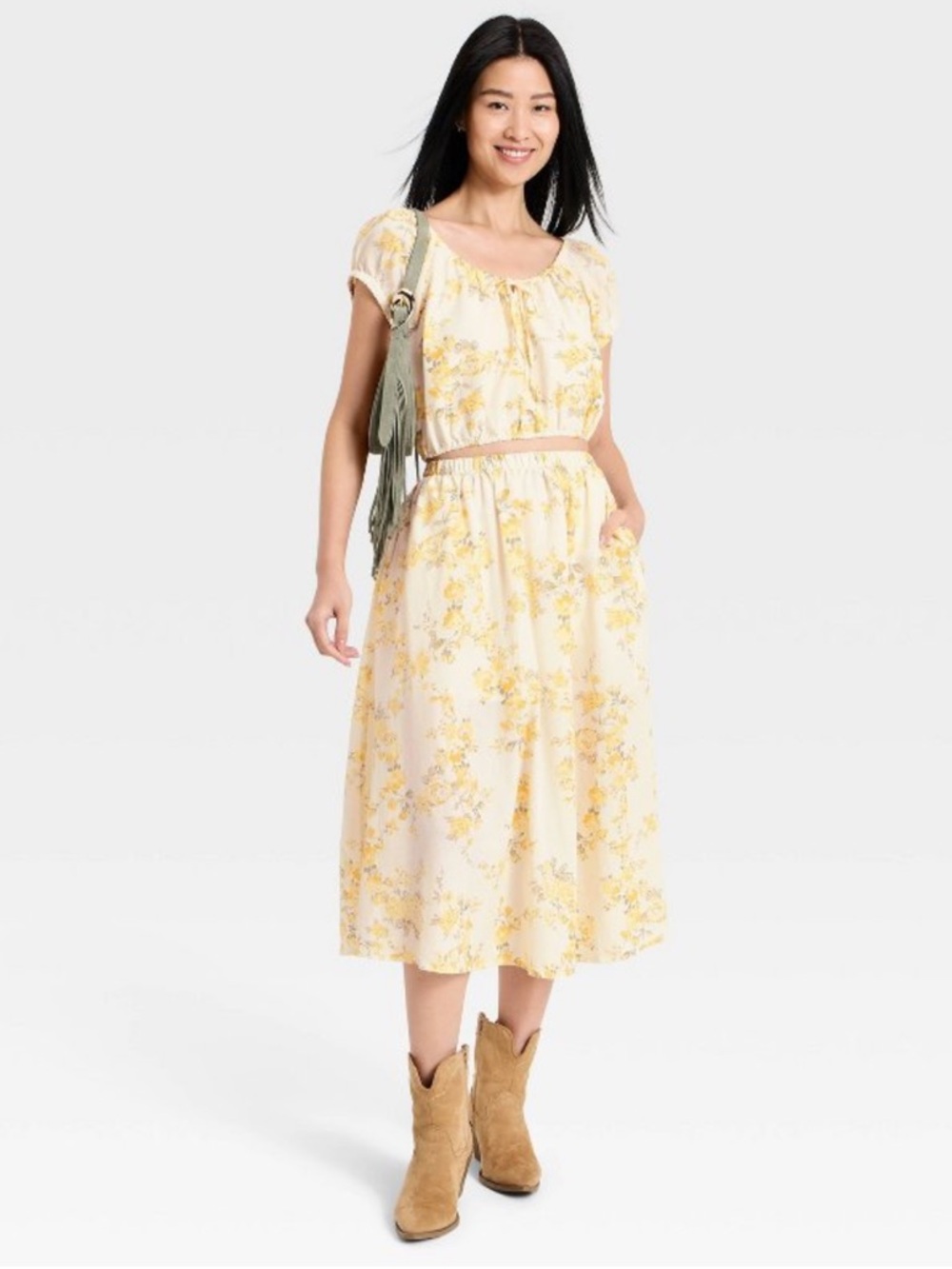 Set! Women's Short Puff Sleeve Tie Top & Skirt - A New Day™ White Floral XS NWT